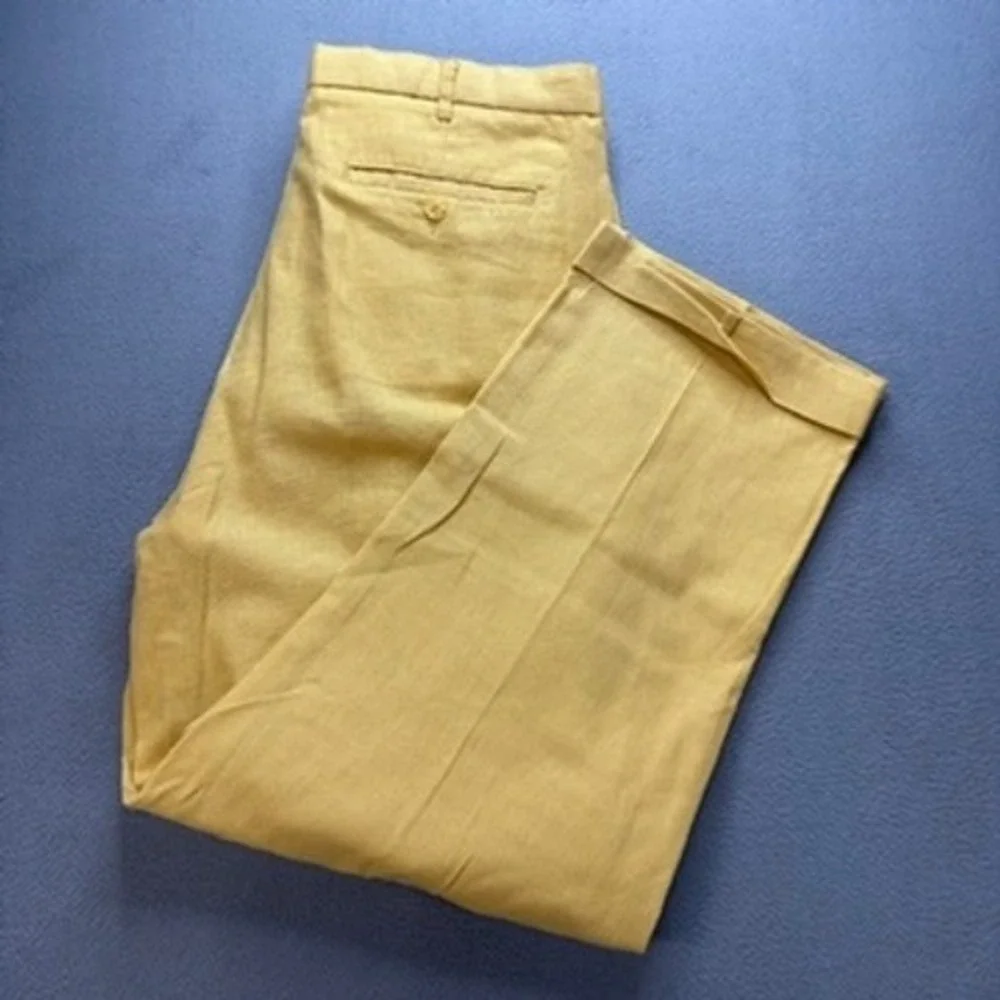 Trust Linen Blend Pleated Dress Pants Relaxed 36x30 (FIT 35x28) Yellow Trousers
